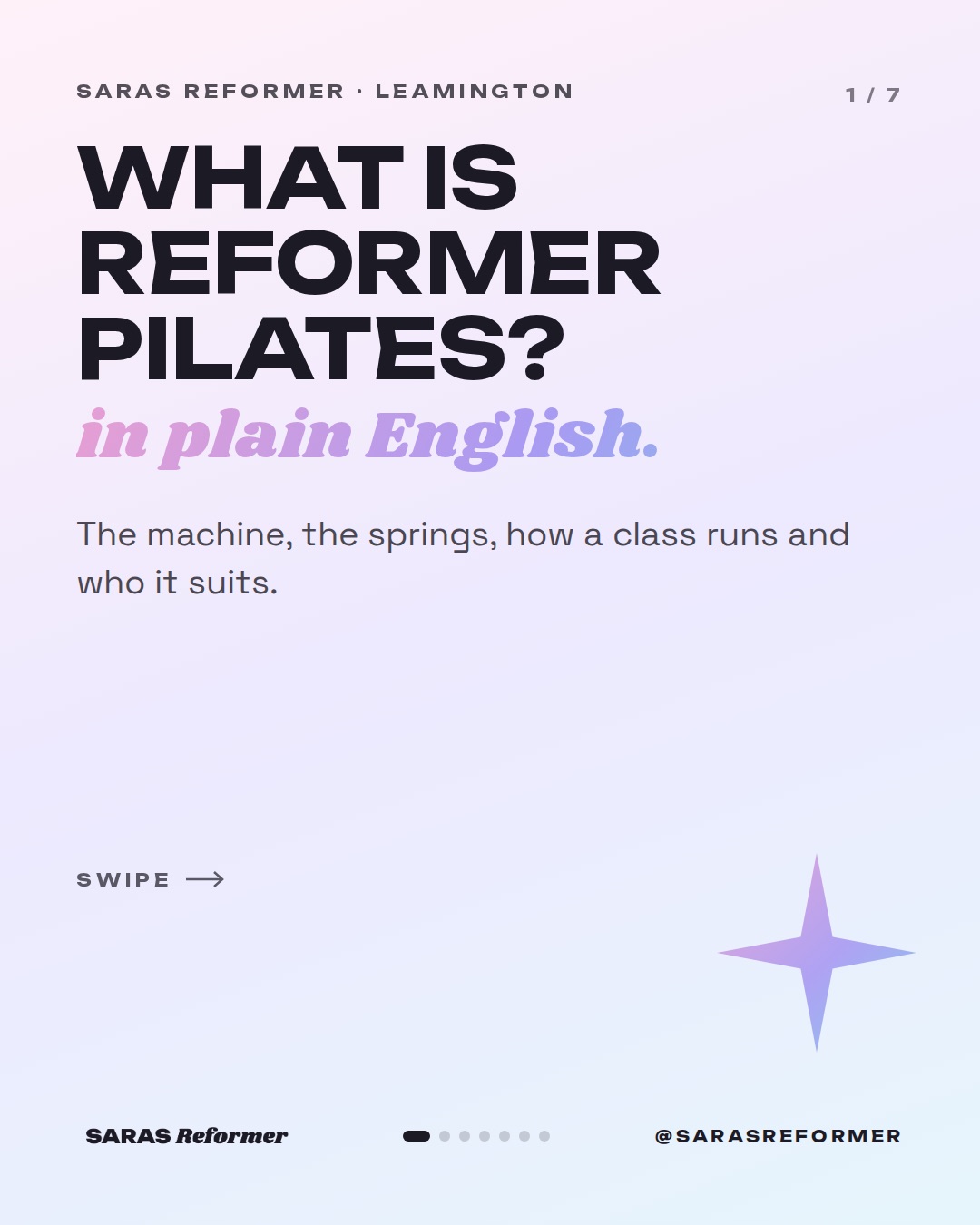 Instagram post from @sarasreformer: What is reformer pilates? The plain-English version, in seven slides.